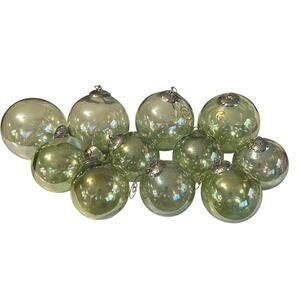 Lot of 11 Vintage Green Hand Blown Glass Round Christmas Ornaments